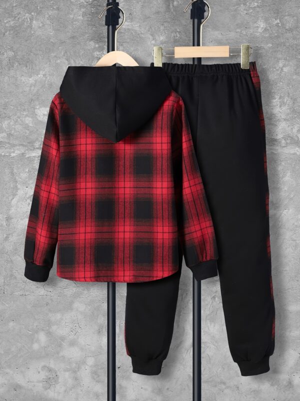 Boys' 2pcs Set, Casual Plaid Long Sleeve Hooded Shirt with Pockets & Elastic Waist Ribbed Pants, Polyester 100%, Non-Stretch, Regular Fit, Spring/Fall Outfit for Kids, for Outdoor - Image 4