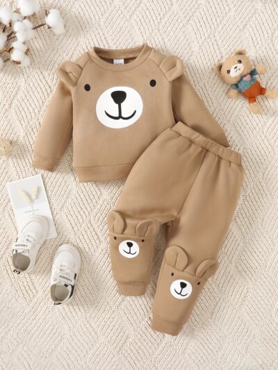 2pcs Baby Casual Cute Warm Fleece Outfits, Bear Pattern Round Neck Long Sleeve Sweatshirt & Bear Print Pants Outdoor Set For Autumn And Winter