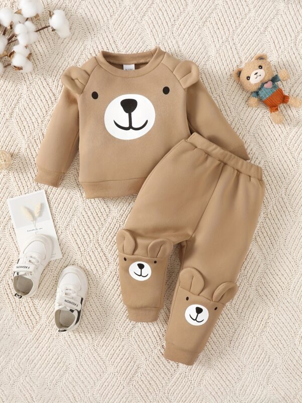 2pcs Baby Casual Cute Warm Fleece Outfits, Bear Pattern Round Neck Long Sleeve Sweatshirt & Bear Print Pants Outdoor Set For Autumn And Winter