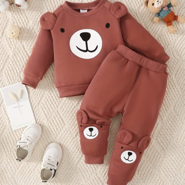 2pcs Baby Casual Cute Warm Fleece Outfits, Bear Pattern Round Neck Long Sleeve Sweatshirt & Bear Print Pants Outdoor Set For Autumn And Winter - Image 13