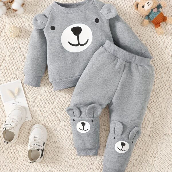 2pcs Baby Casual Cute Warm Fleece Outfits, Bear Pattern Round Neck Long Sleeve Sweatshirt & Bear Print Pants Outdoor Set For Autumn And Winter - Image 14