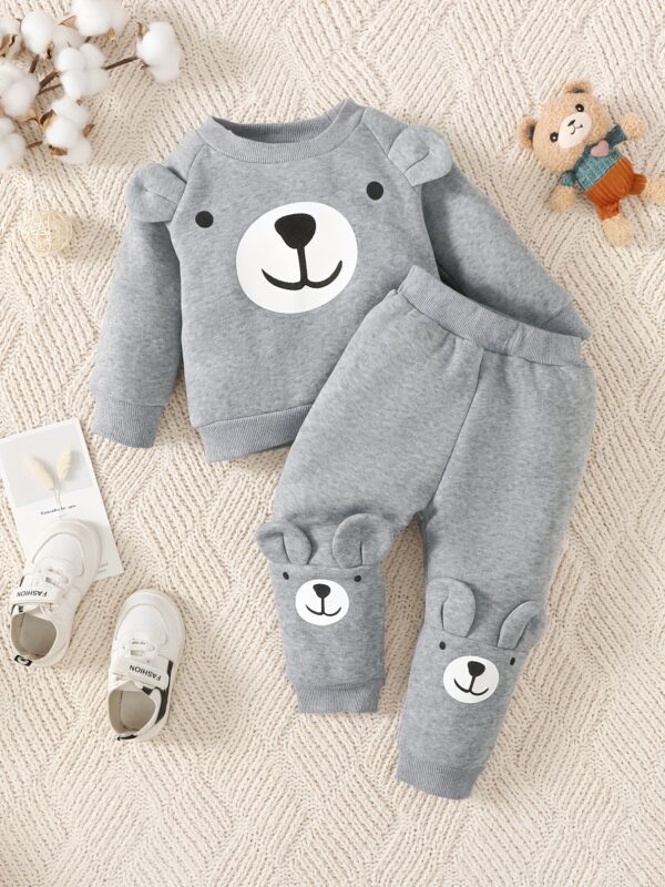 2pcs Baby Casual Cute Warm Fleece Outfits, Bear Pattern Round Neck Long Sleeve Sweatshirt & Bear Print Pants Outdoor Set For Autumn And Winter - Image 4